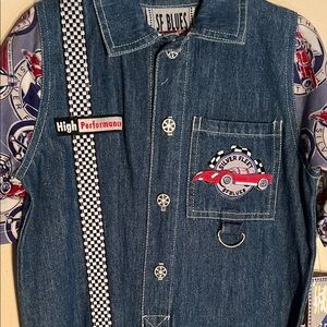 Vintage Denim Baby Romper with Racing Print